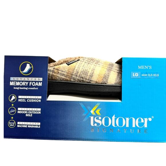 Isotoner Mens Slippers Size Large‎ 9.5-10.5 Tan Plaid Slip On Memory Foam New - Picture 1 of 10